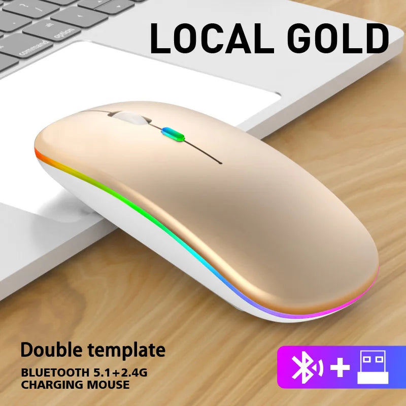 Ratón inalámbrico Bluetooth y 2,4 GHz con modos duales, recargable, RGB, ergonómico, clic silencioso para PC, iPad, portátil, teléfono celular, TV