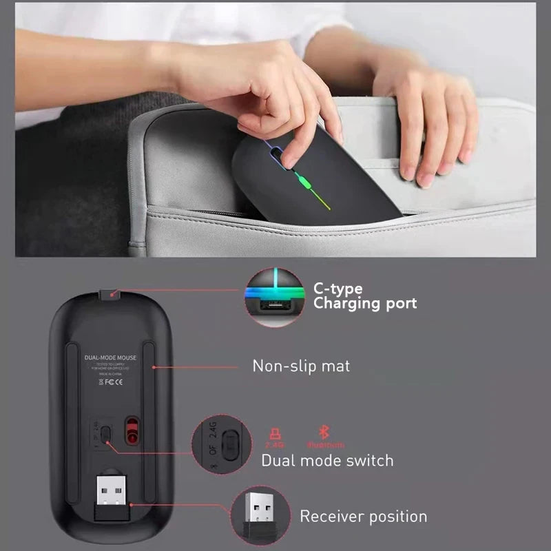 Ratón inalámbrico Bluetooth y 2,4 GHz con modos duales, recargable, RGB, ergonómico, clic silencioso para PC, iPad, portátil, teléfono celular, TV