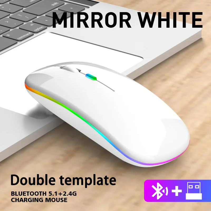 Ratón inalámbrico Bluetooth y 2,4 GHz con modos duales, recargable, RGB, ergonómico, clic silencioso para PC, iPad, portátil, teléfono celular, TV