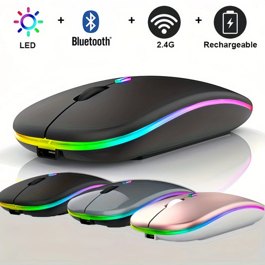 Ratón inalámbrico Bluetooth y 2,4 GHz con modos duales, recargable, RGB, ergonómico, clic silencioso para PC, iPad, portátil, teléfono celular, TV