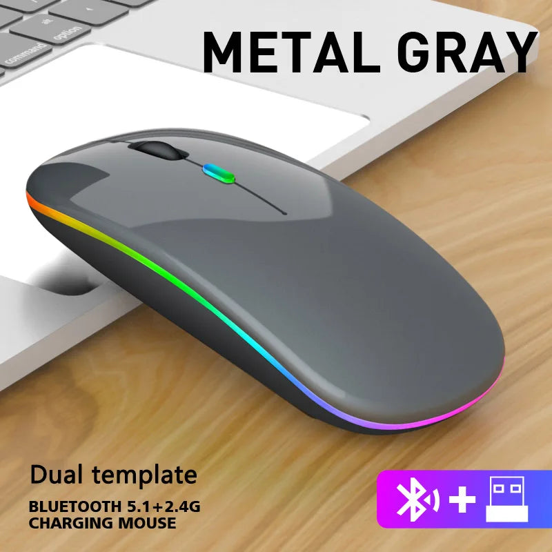 Ratón inalámbrico Bluetooth y 2,4 GHz con modos duales, recargable, RGB, ergonómico, clic silencioso para PC, iPad, portátil, teléfono celular, TV