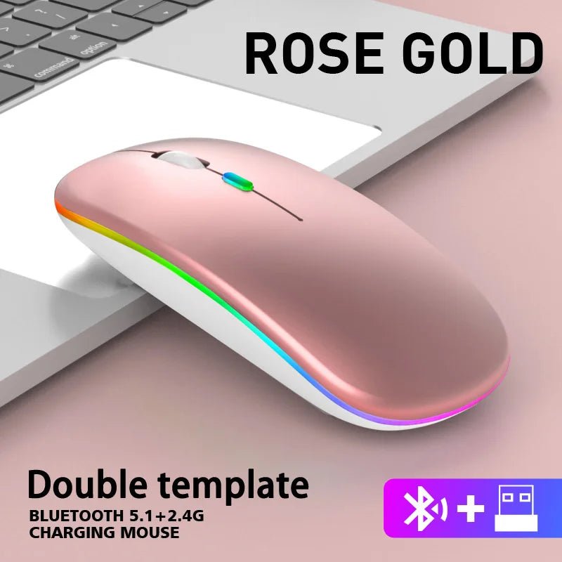Ratón inalámbrico Bluetooth y 2,4 GHz con modos duales, recargable, RGB, ergonómico, clic silencioso para PC, iPad, portátil, teléfono celular, TV