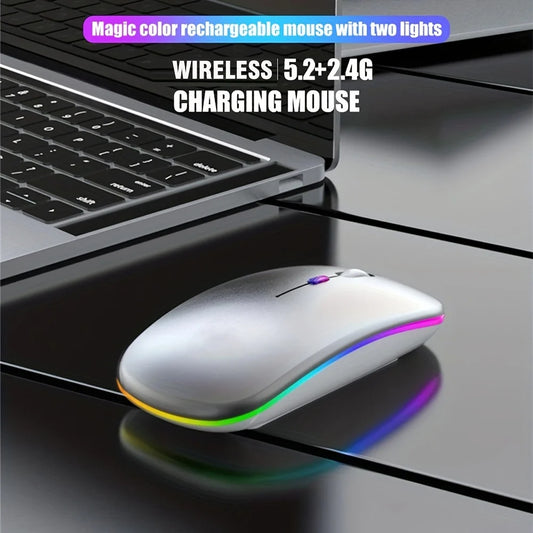 Ratón inalámbrico Bluetooth y 2,4 GHz con modos duales, recargable, RGB, ergonómico, clic silencioso para PC, iPad, portátil, teléfono celular, TV