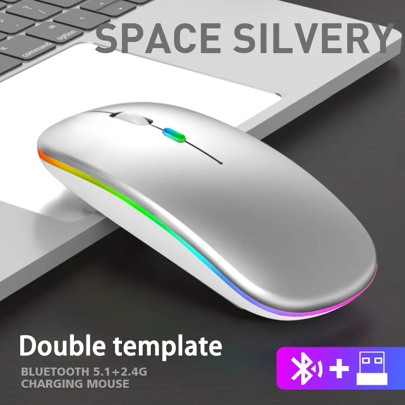 Ratón inalámbrico Bluetooth y 2,4 GHz con modos duales, recargable, RGB, ergonómico, clic silencioso para PC, iPad, portátil, teléfono celular, TV